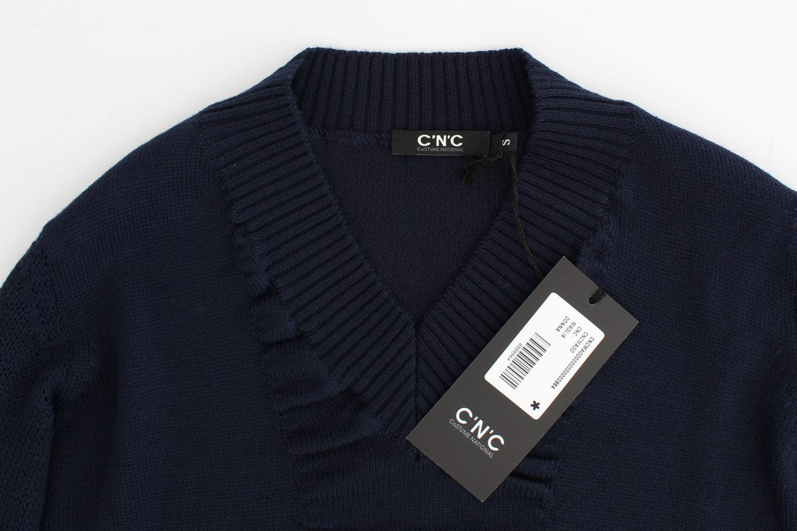 Dark blue V-neck wool sweater