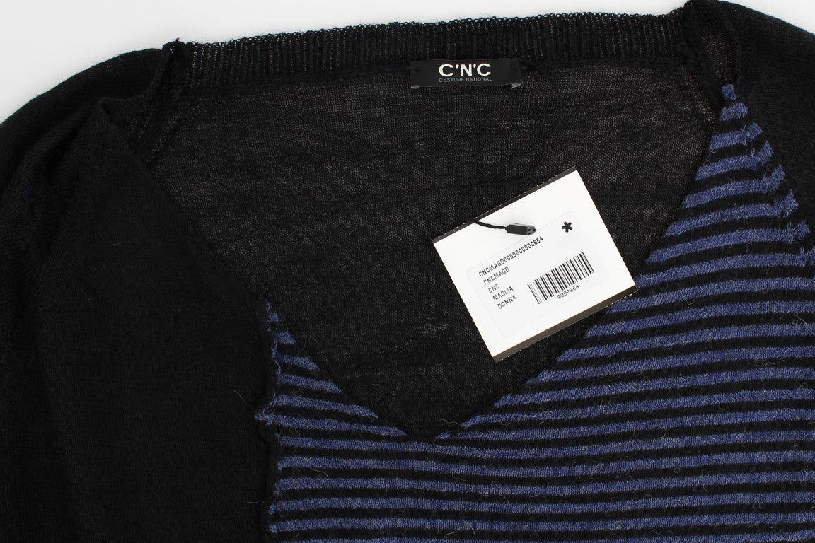 Black striped V-neck sweater