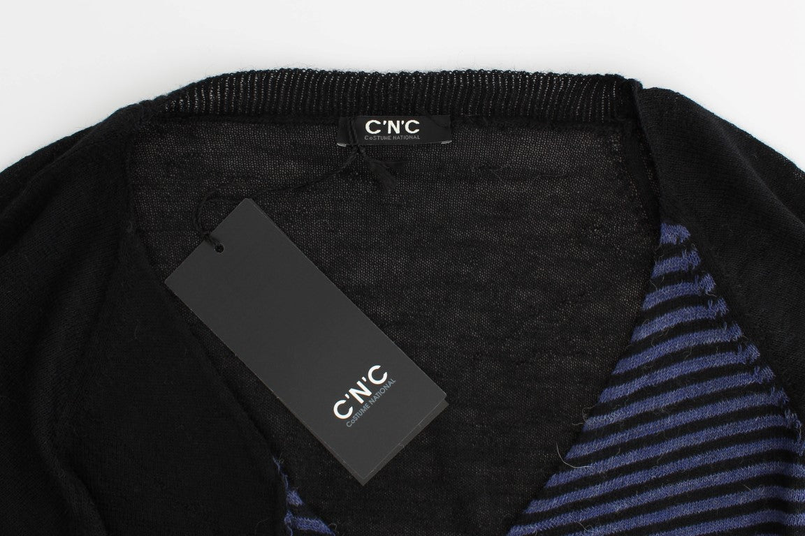 Black striped V-neck sweater