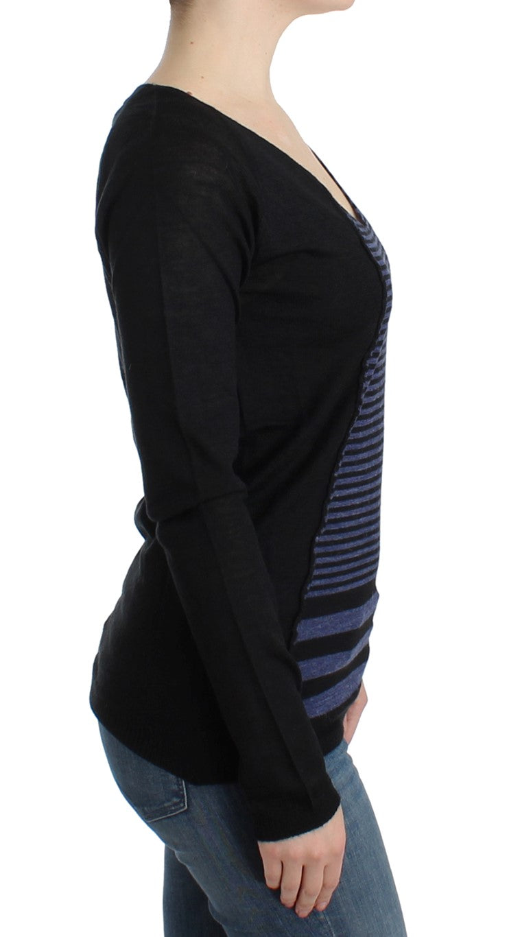 Black striped V-neck sweater