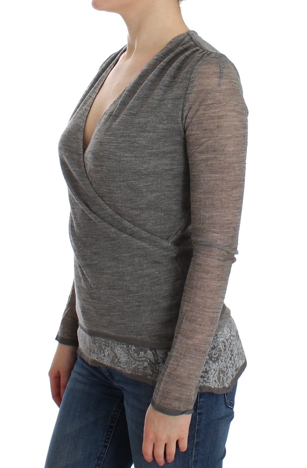 Gray Wool Blend Stretch Long Sleeve Sweater