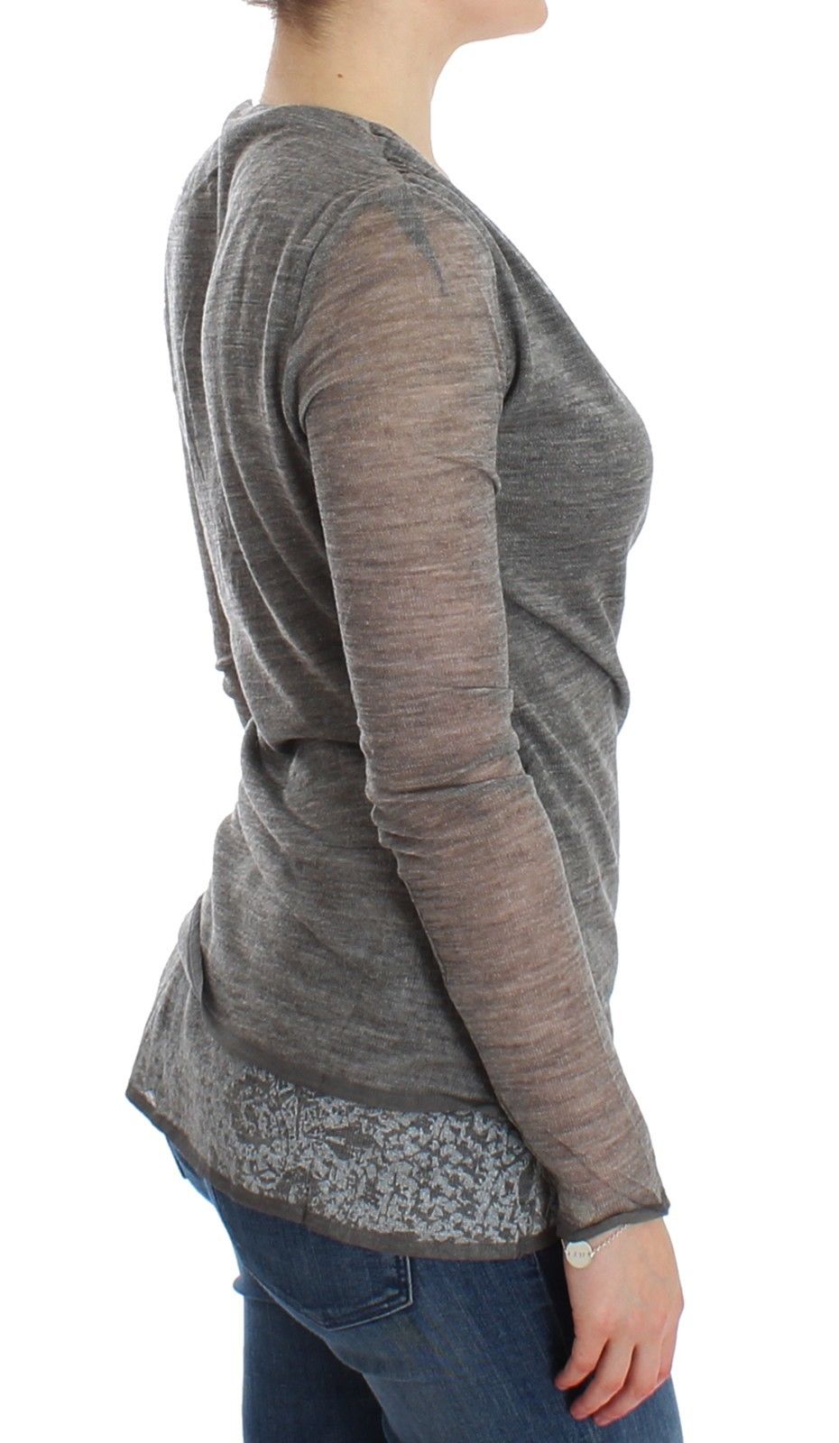 Gray Wool Blend Stretch Long Sleeve Sweater