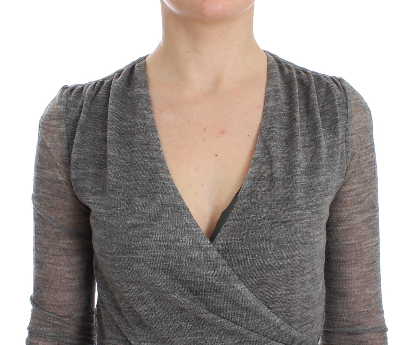 Gray Wool Blend Stretch Long Sleeve Sweater