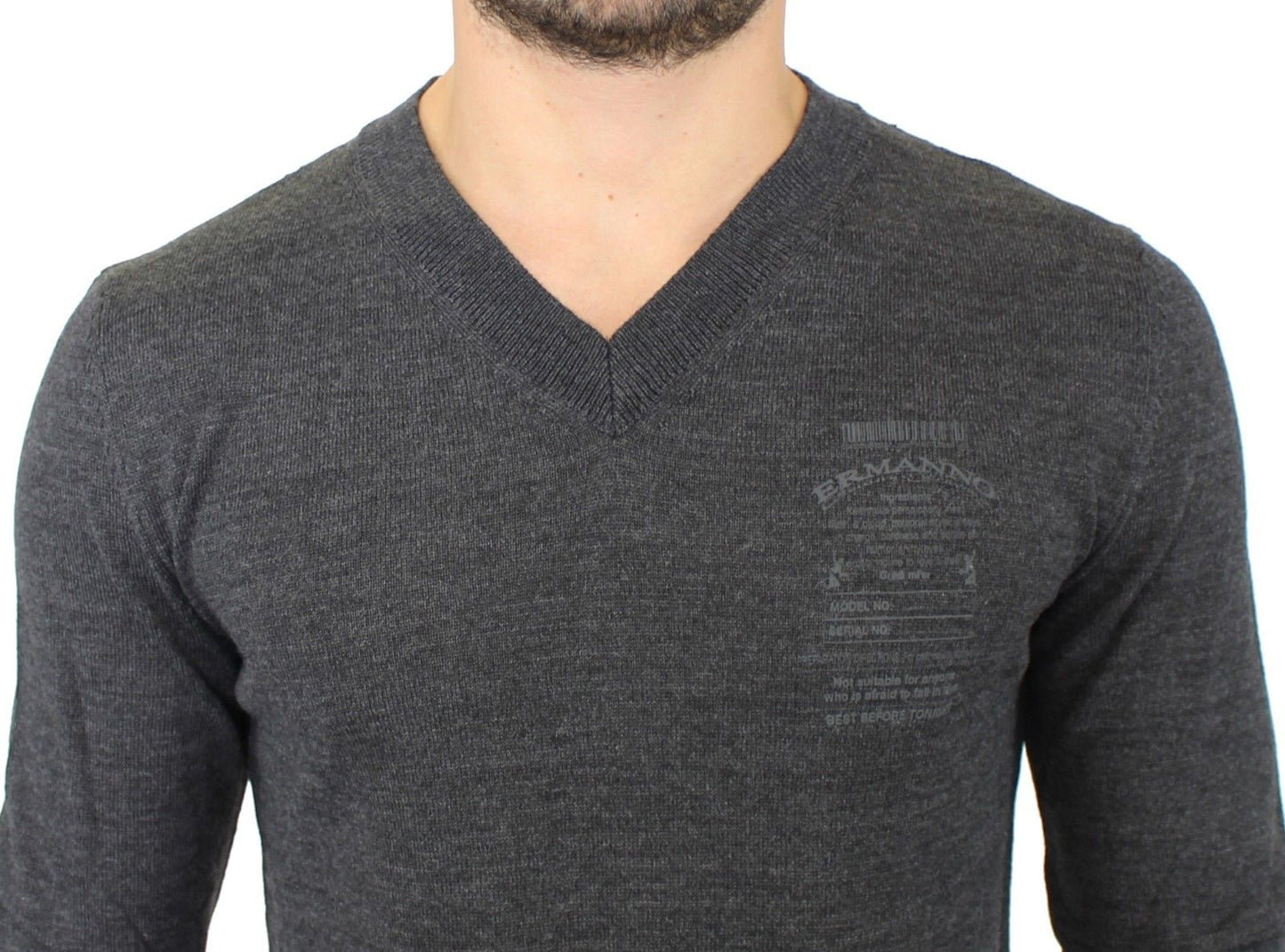 Gray Wool Blend V-neck Pullover Sweater