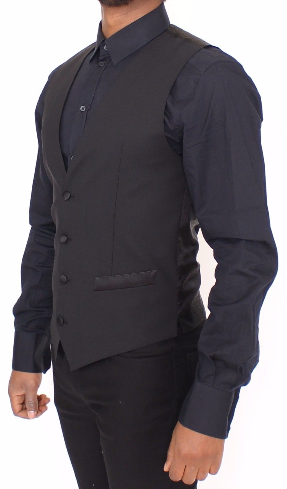 Black Wool Silk Stretch Dress Vest Blazer