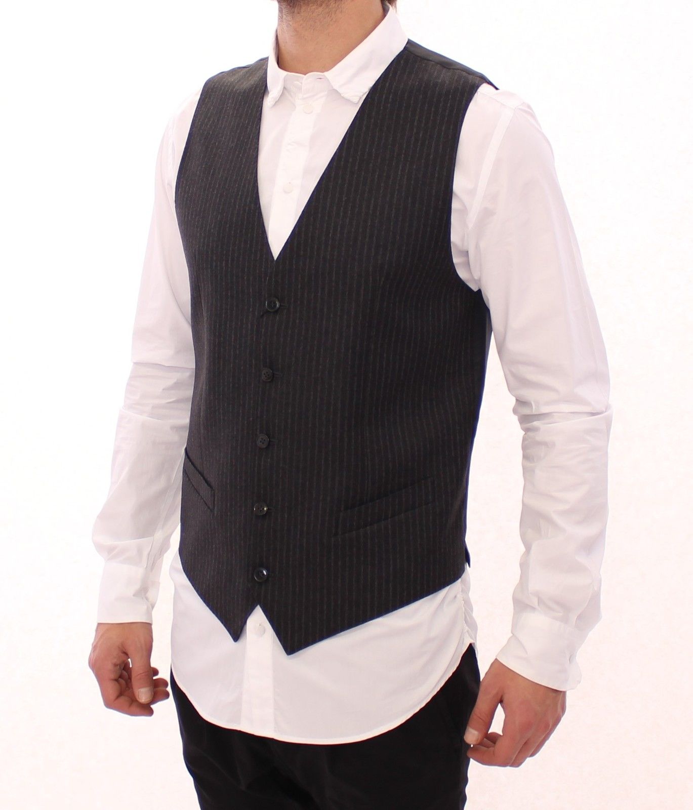 Gray Striped Wool Single Breasted Vest