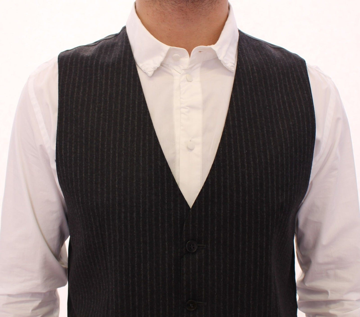 Gray Striped Wool Single Breasted Vest