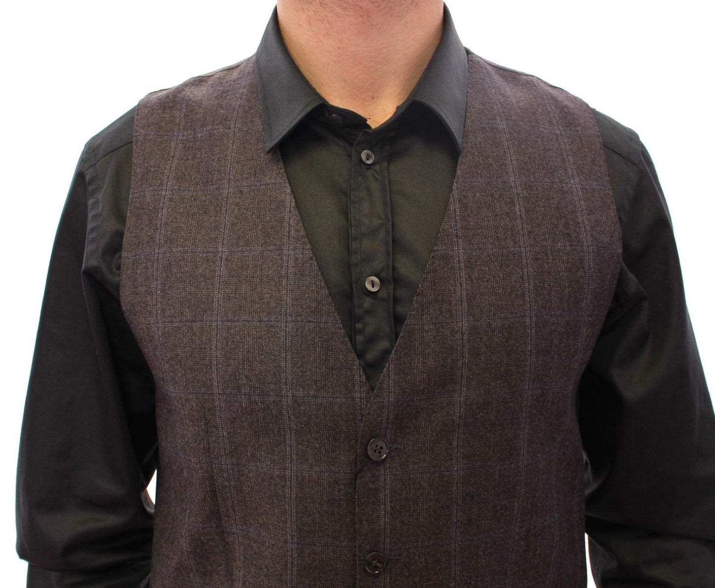 Brown Check Wool Single Breasted Vest