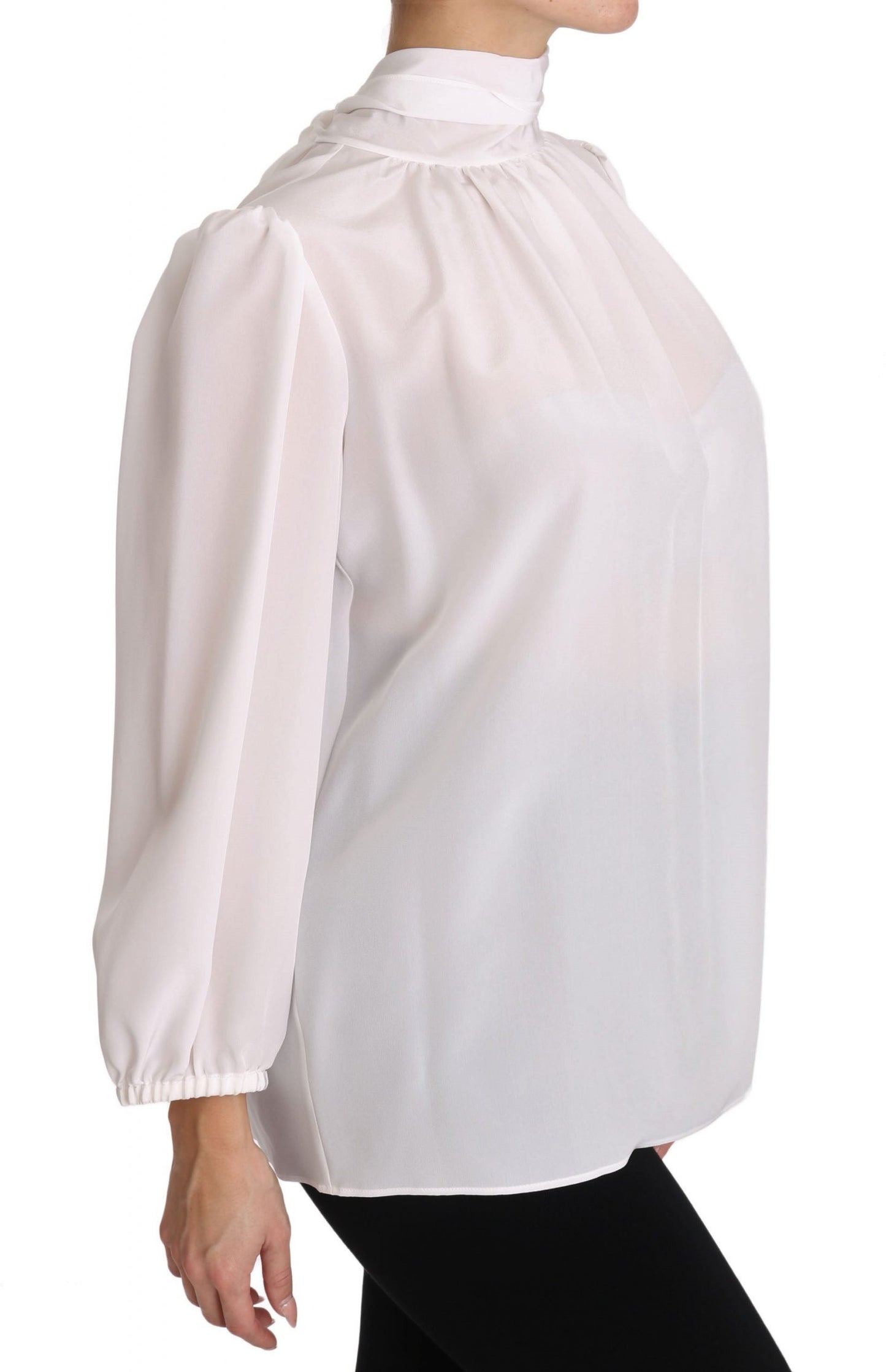 White Silk Blouse Pussybow Solid Longsleeve Top
