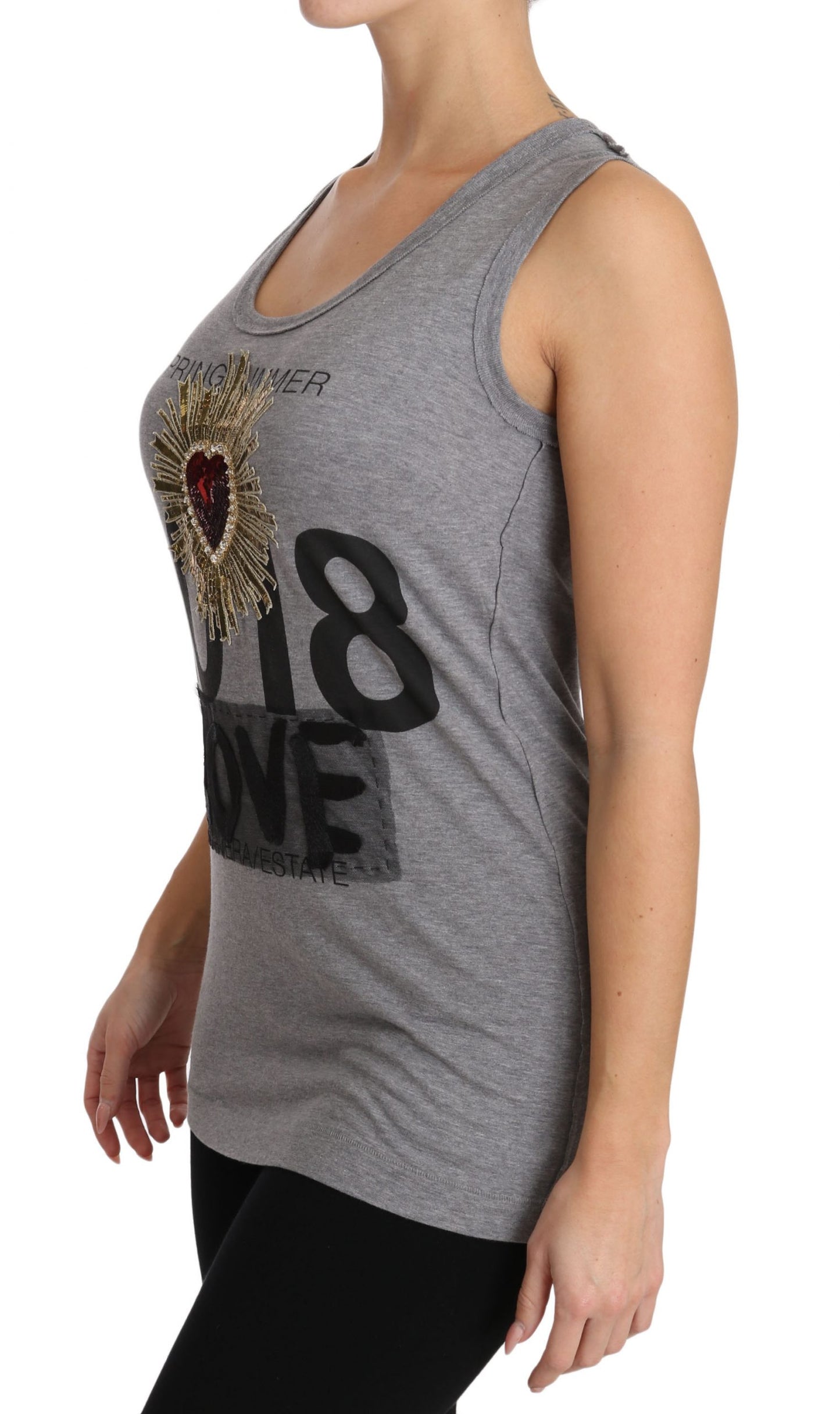 Gray Tank Top Crystal Sequined Heart T-shirt