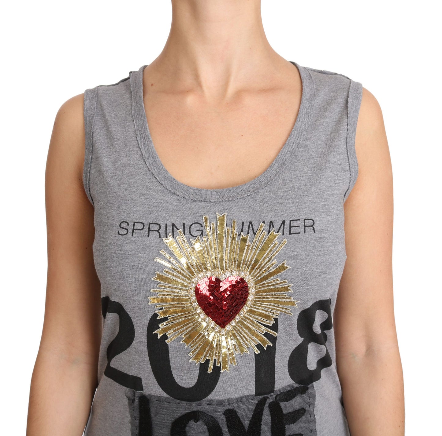 Gray Tank Top Crystal Sequined Heart T-shirt