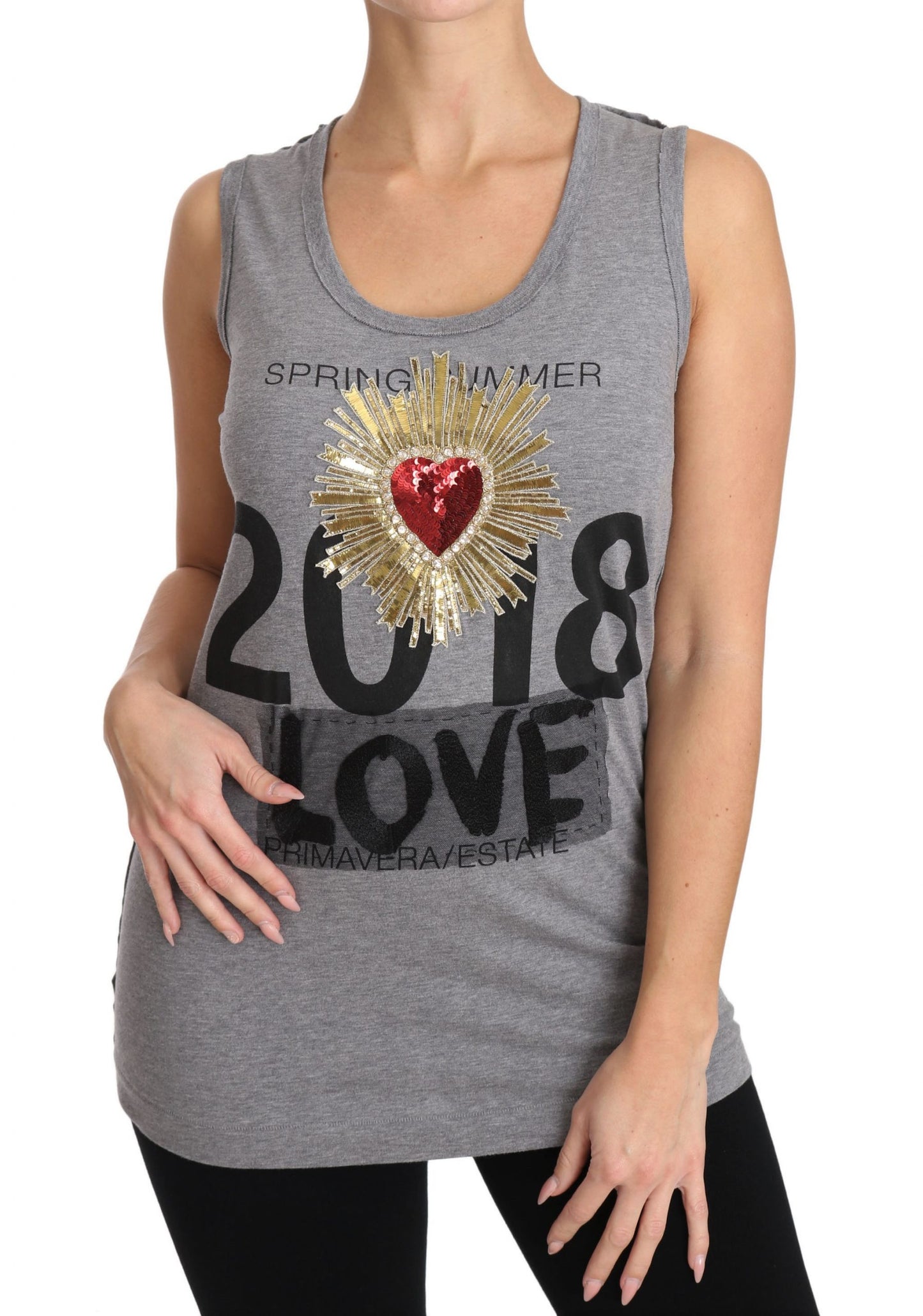 Gray Tank Top Crystal Sequined Heart T-shirt