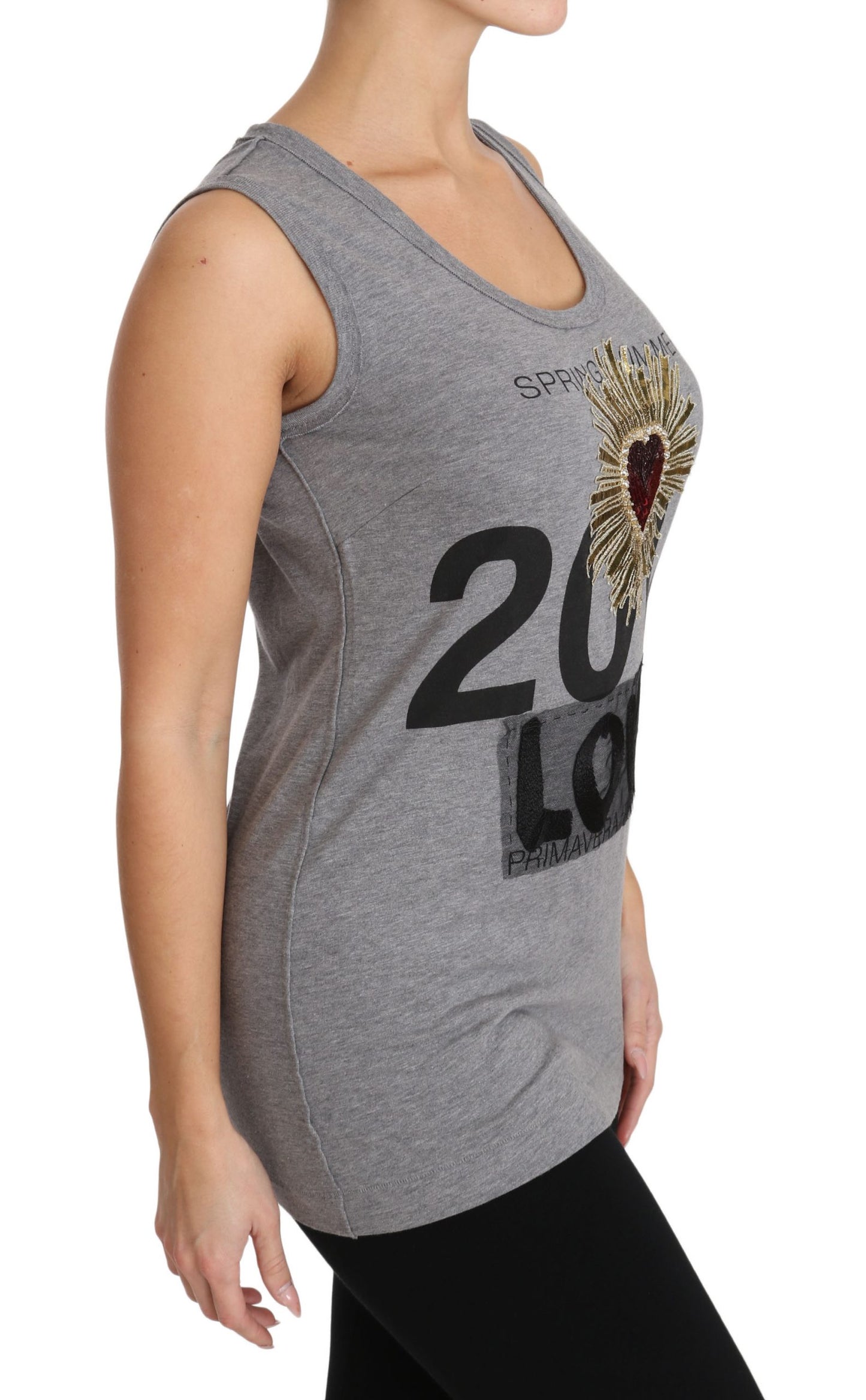 Gray Tank Top Crystal Sequined Heart T-shirt