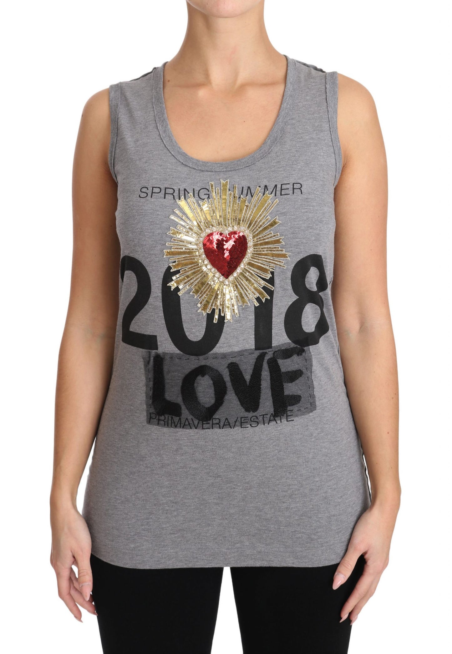 Gray Tank Top Crystal Sequined Heart T-shirt