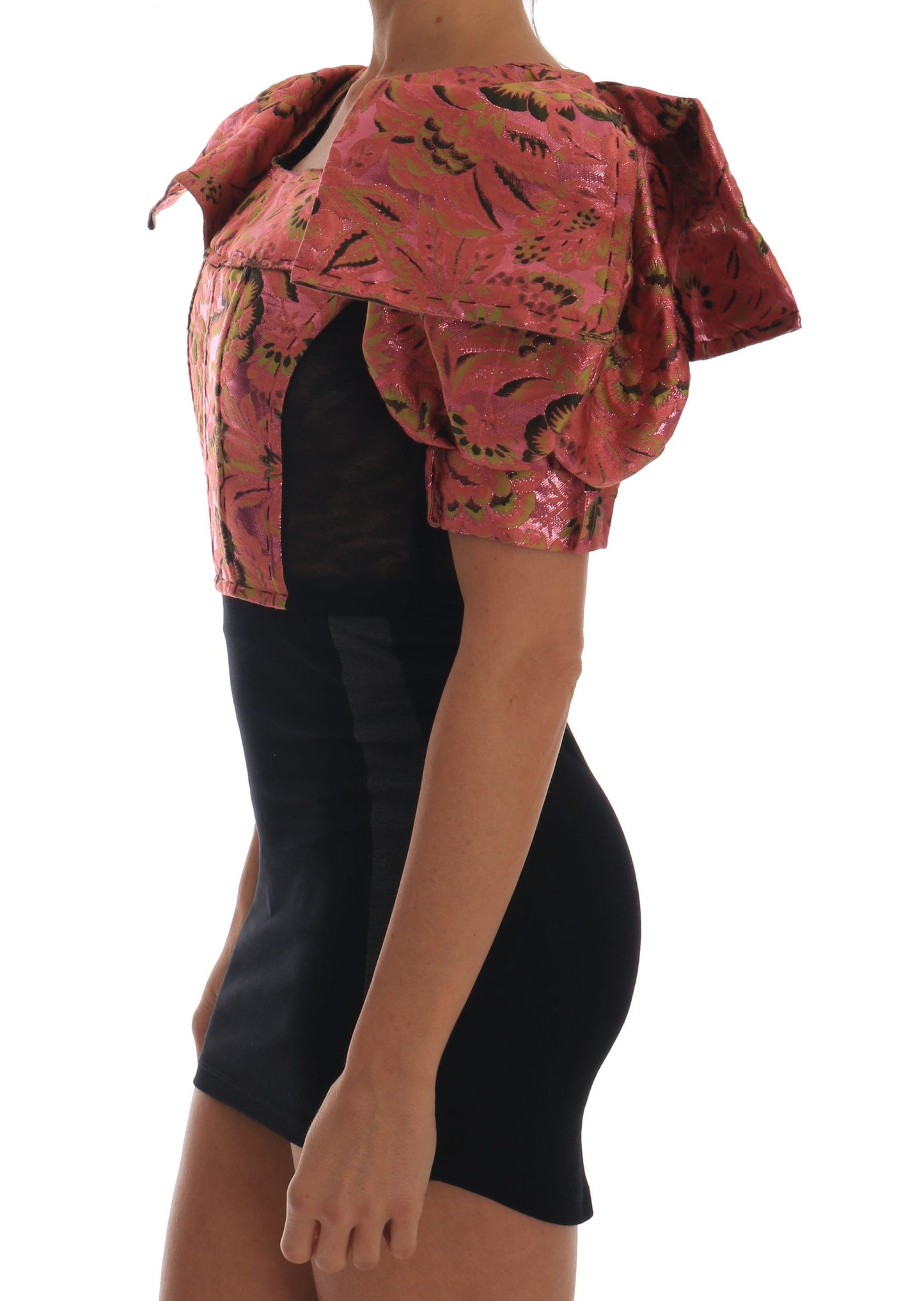 Pink Puff Sleeve Brocade Cropped Top