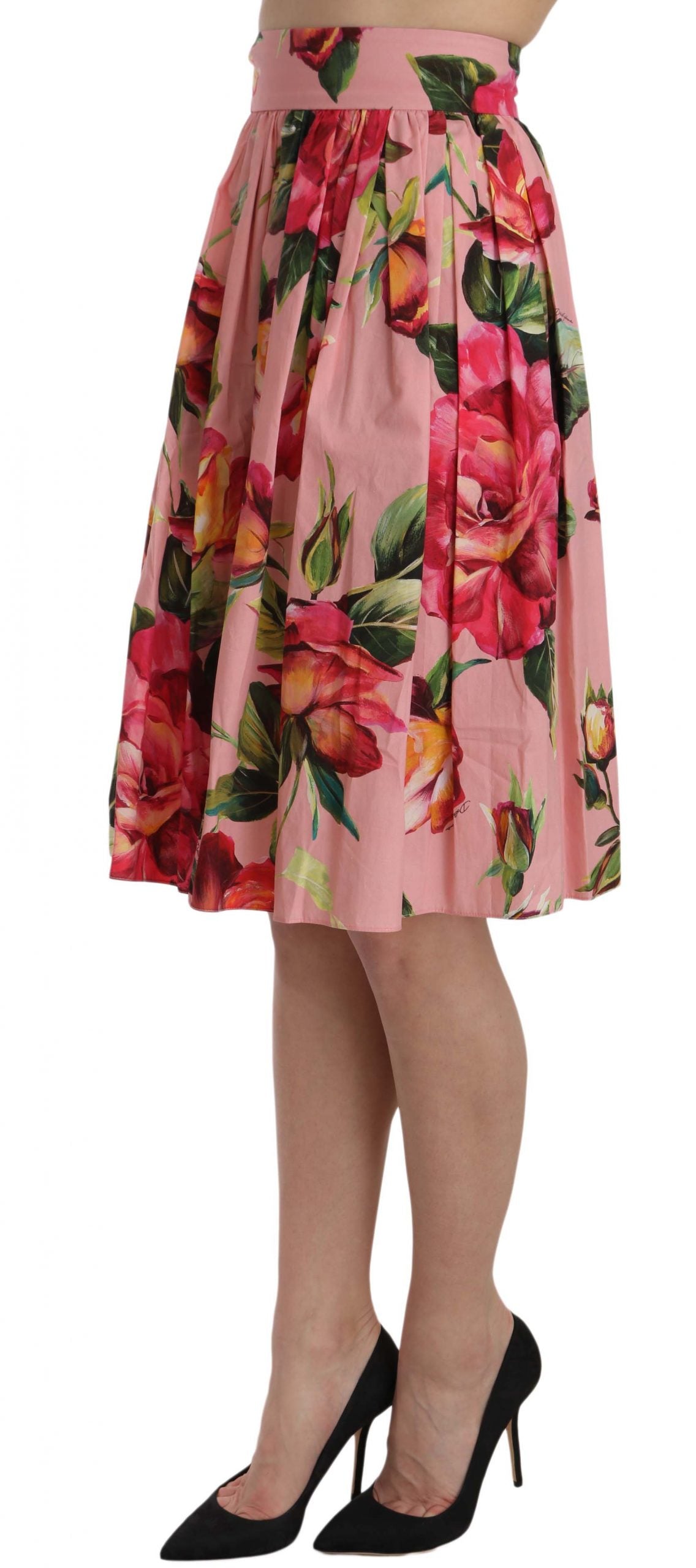 Pink Rose Print Flare Cotton Skirt