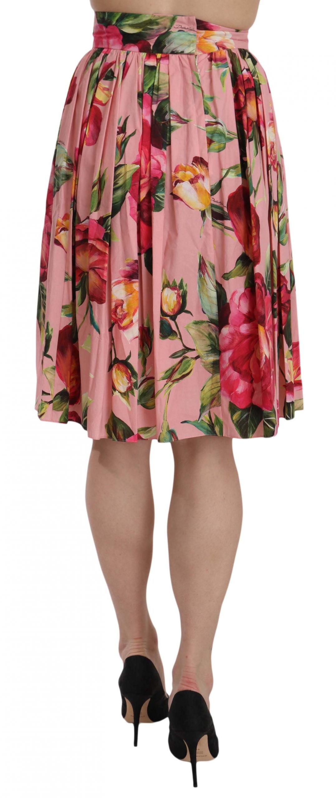Pink Rose Print Flare Cotton Skirt