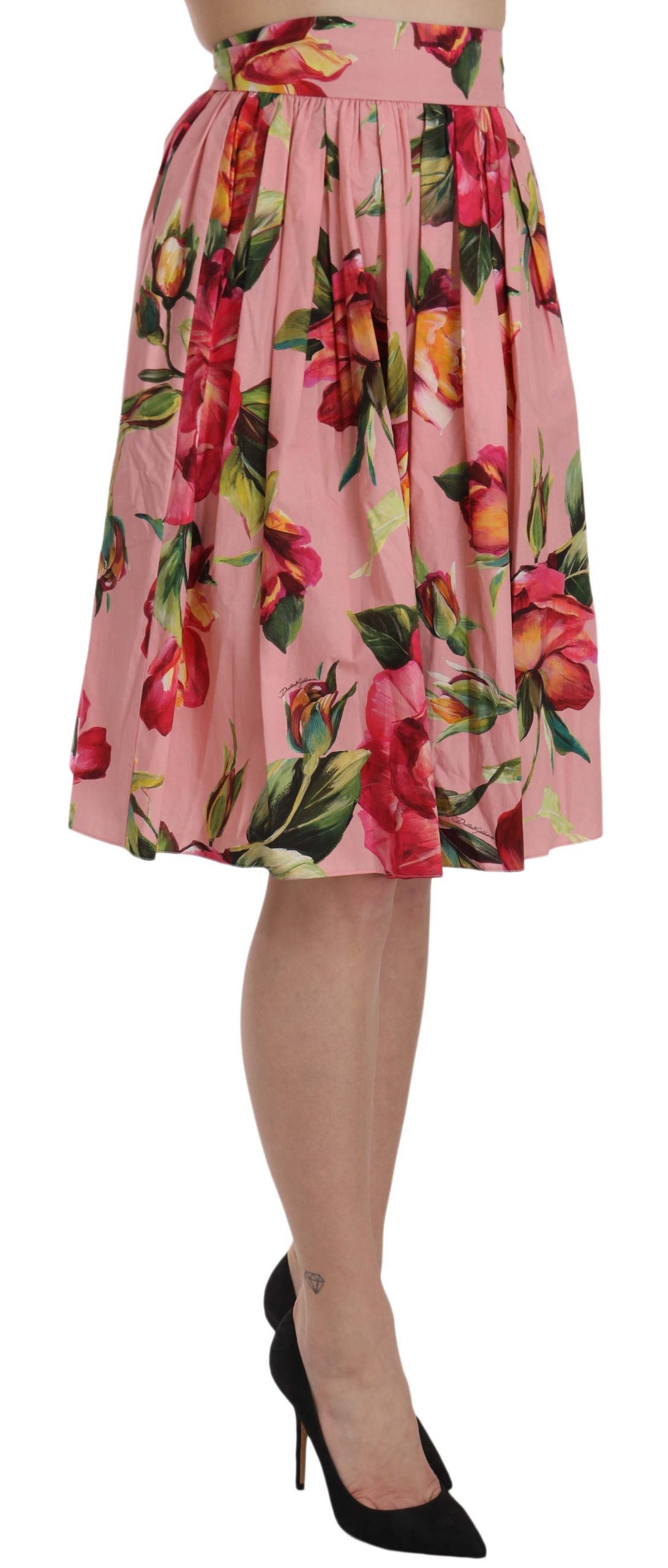 Pink Rose Print Flare Cotton Skirt