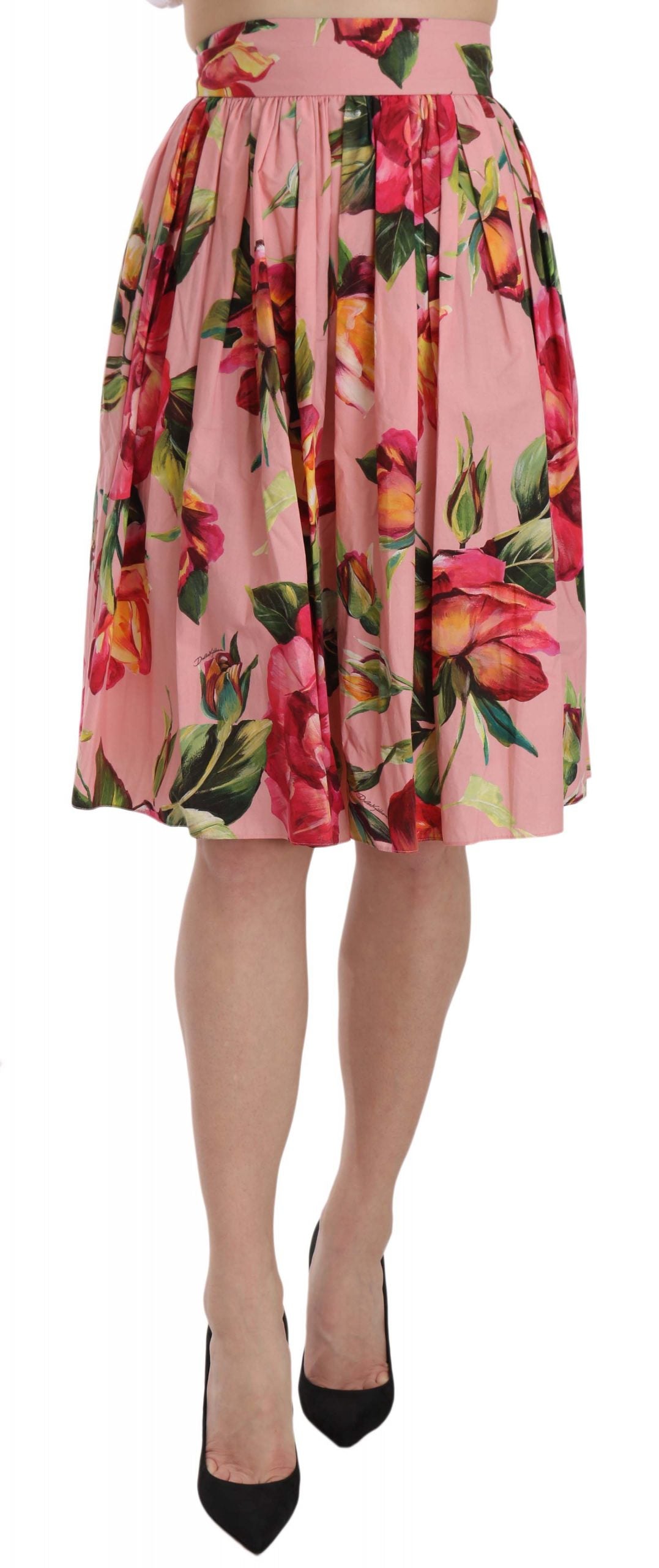 Pink Rose Print Flare Cotton Skirt
