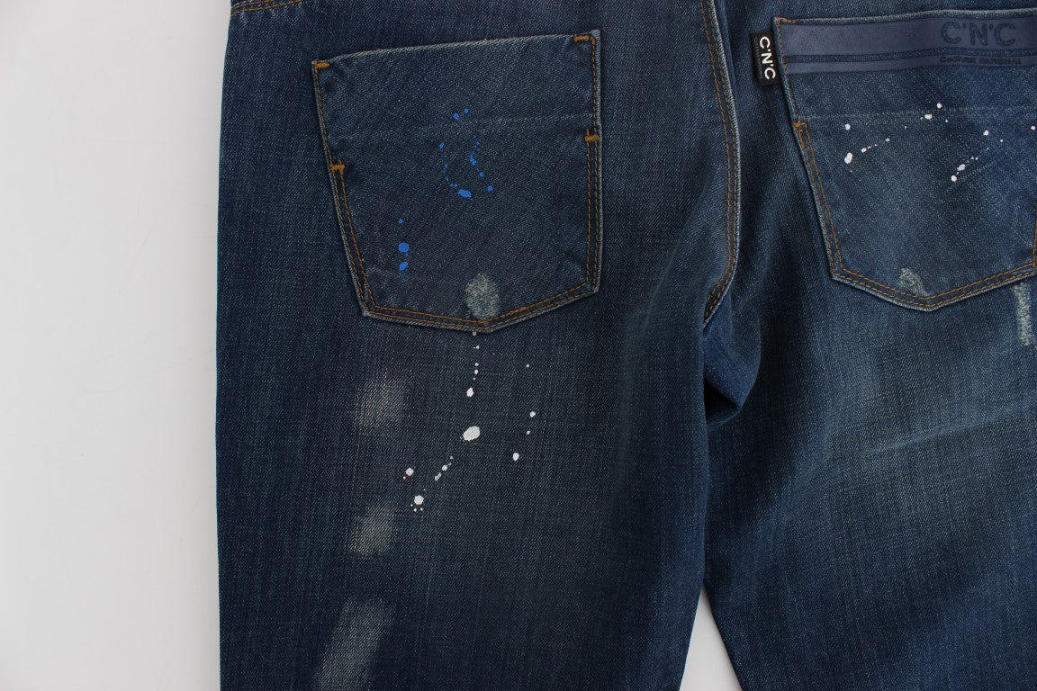 Blue Wash Paint Slim Fit Pants Jeans