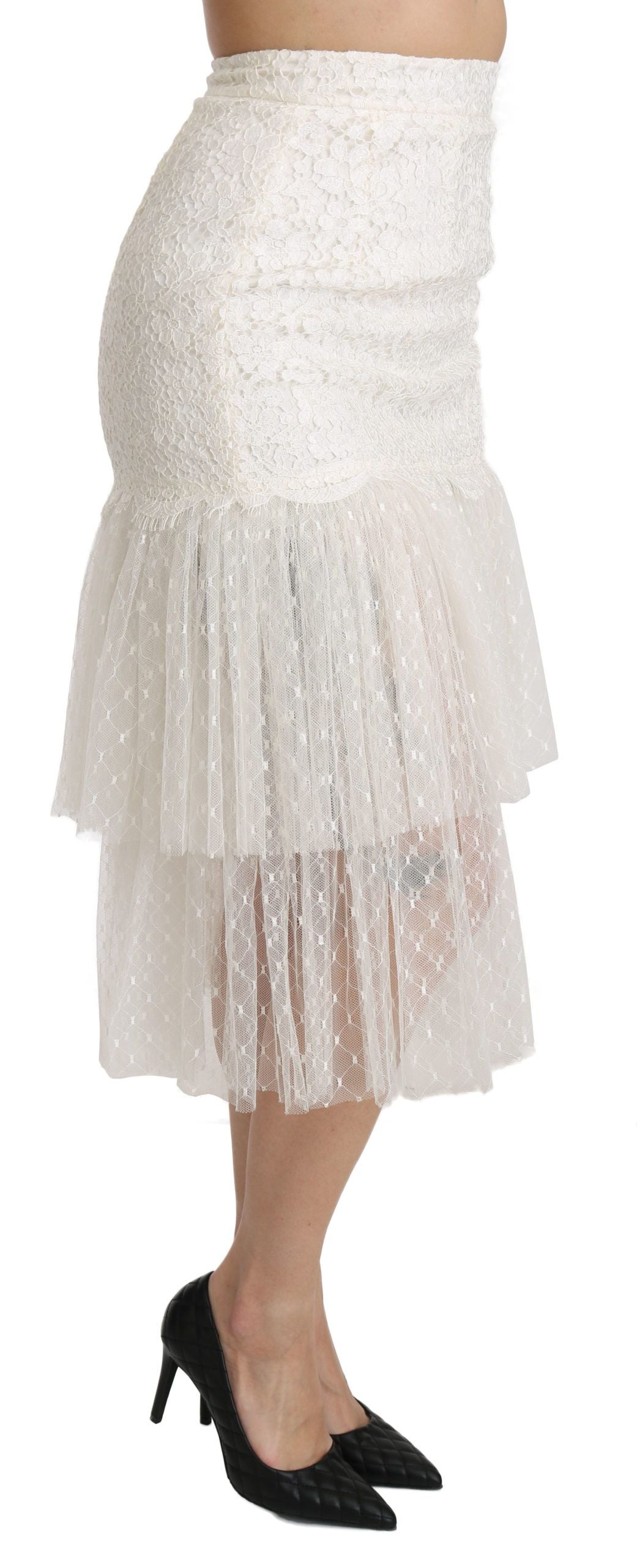 White Lace Layered High Waist Midi Cotton Skirt
