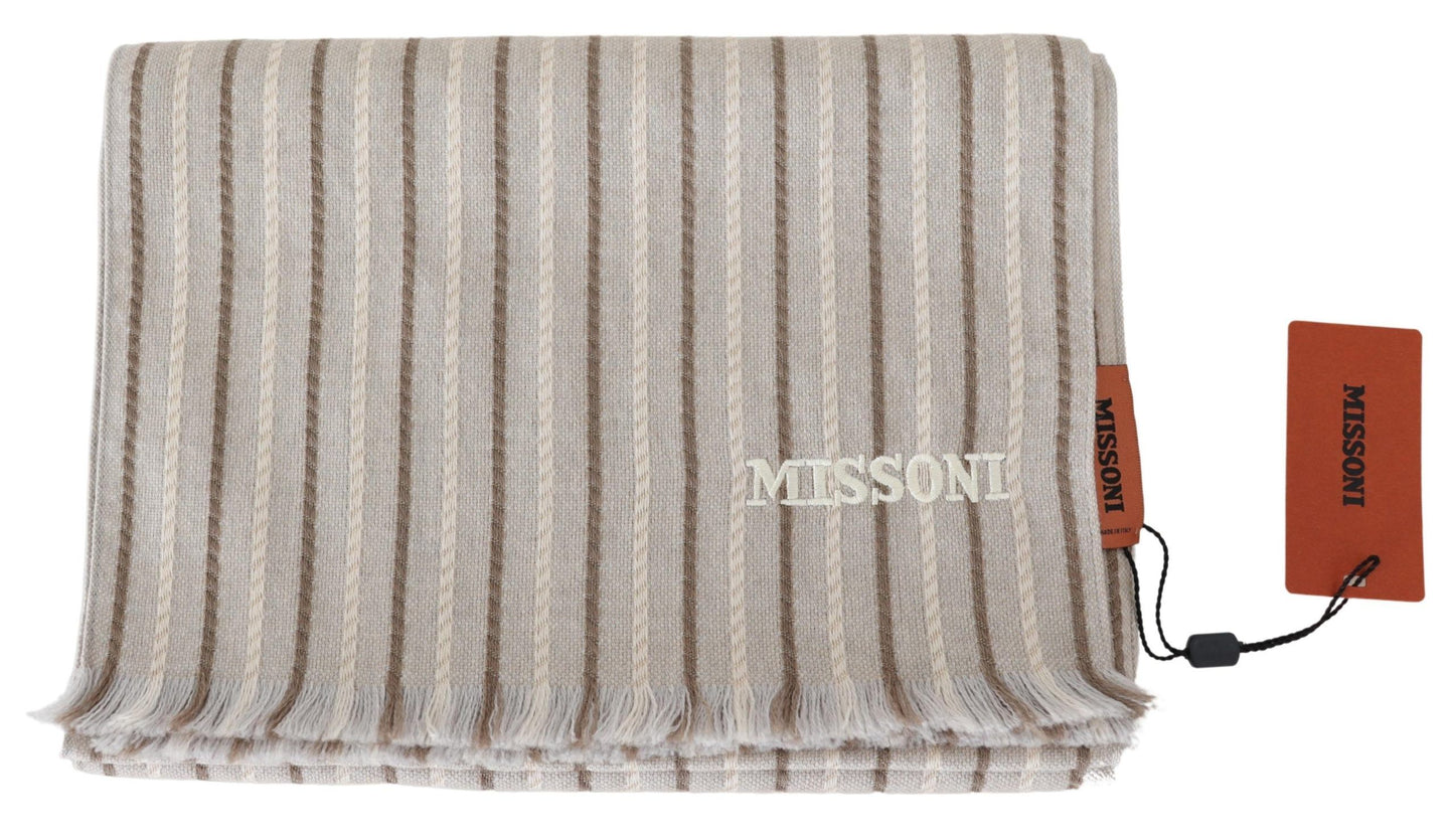 Beige Striped Wool Unisex Neck Wrap Scarf