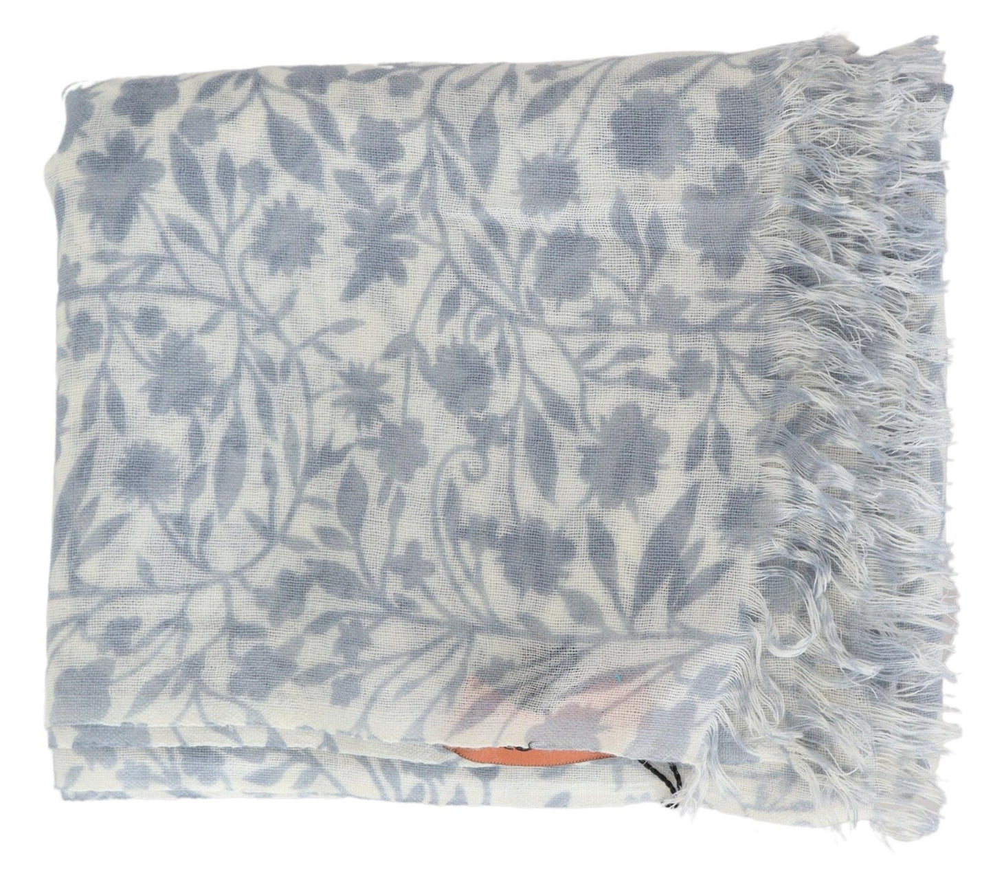 White Blue Floral Wool Knit Neck Wrap Fringe Scarf