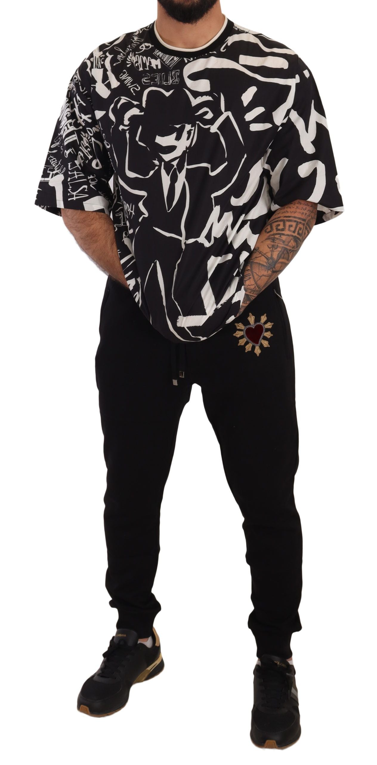 Black Cotton Red Heart Sweatpants