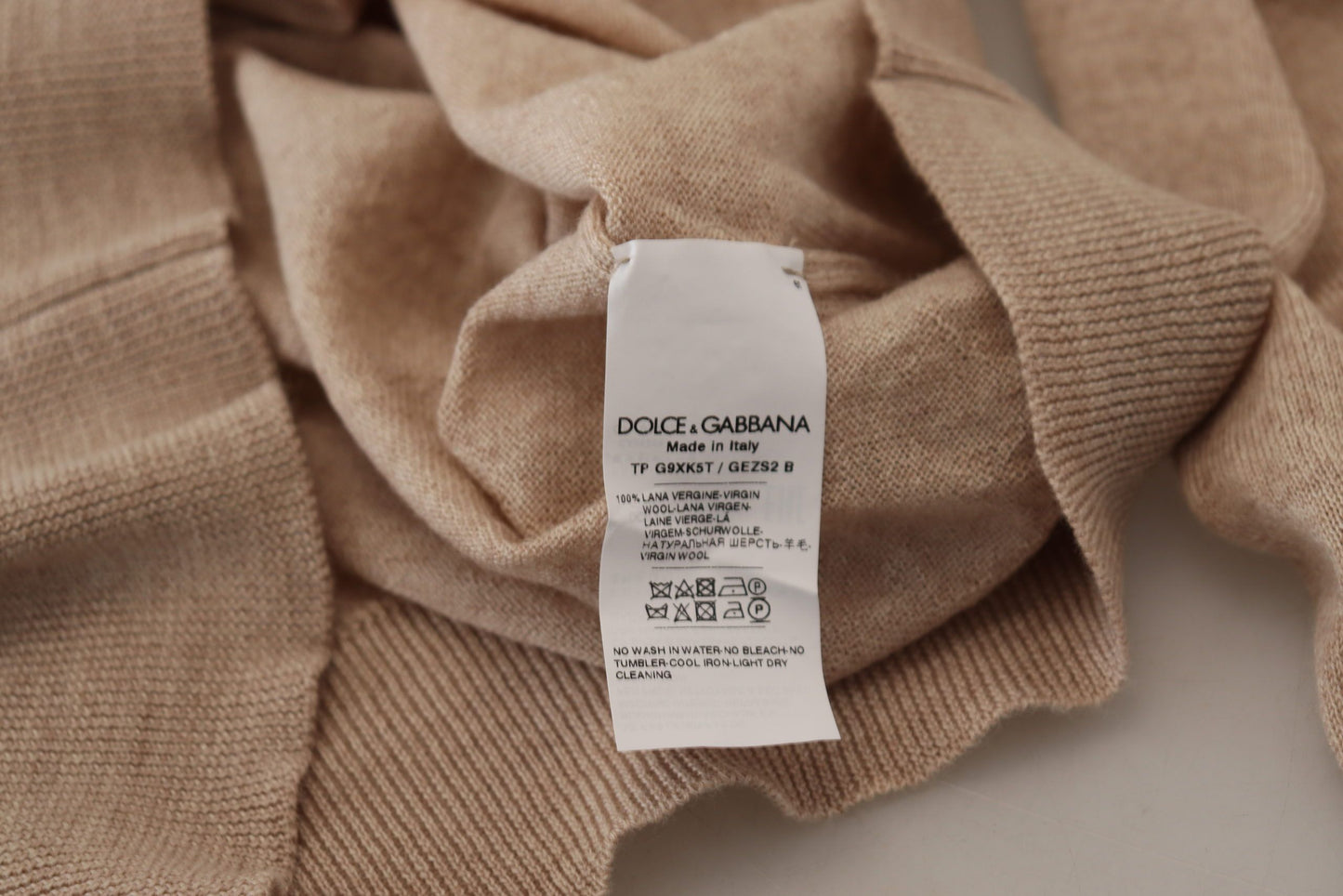 Beige Virgin Wool Crew Neck Pullover Sweater