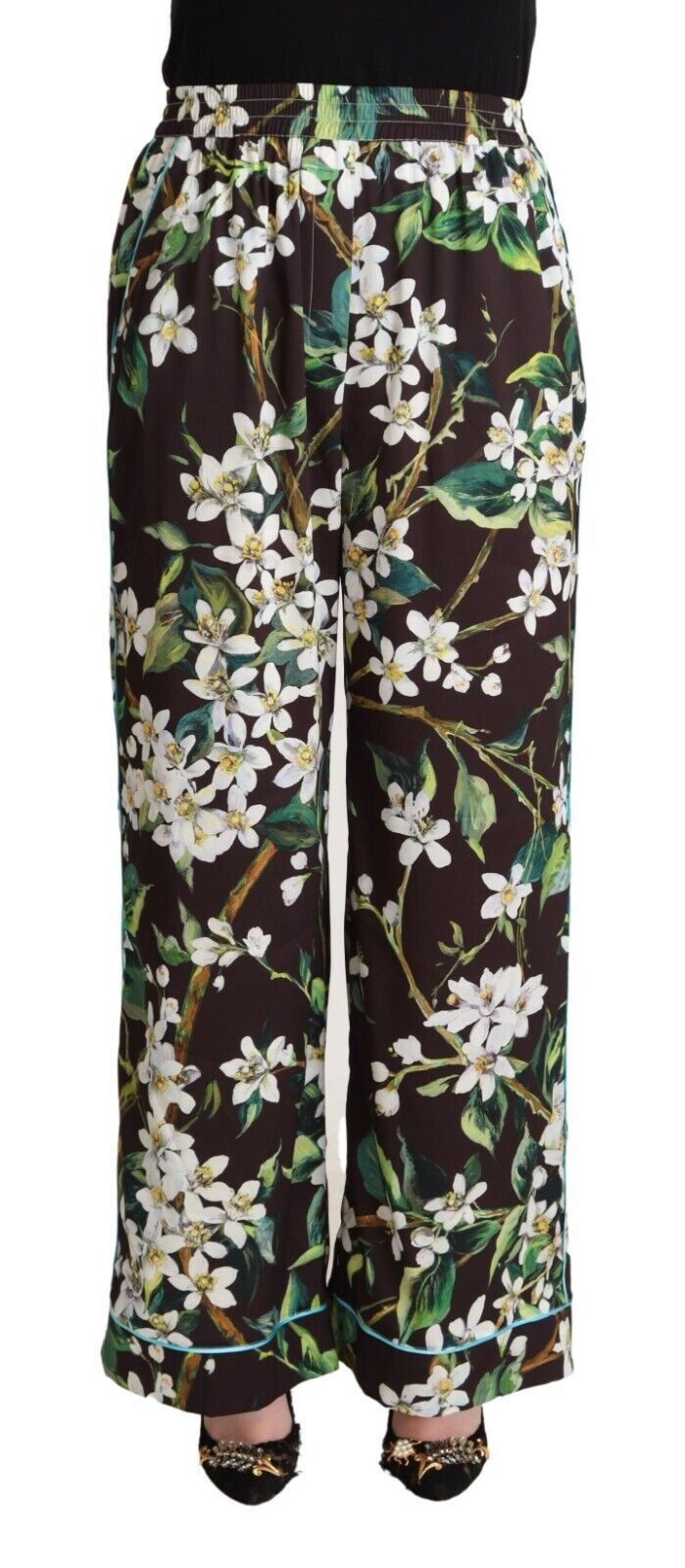 Black Lily Print Mid Waist Wide Leg Pants