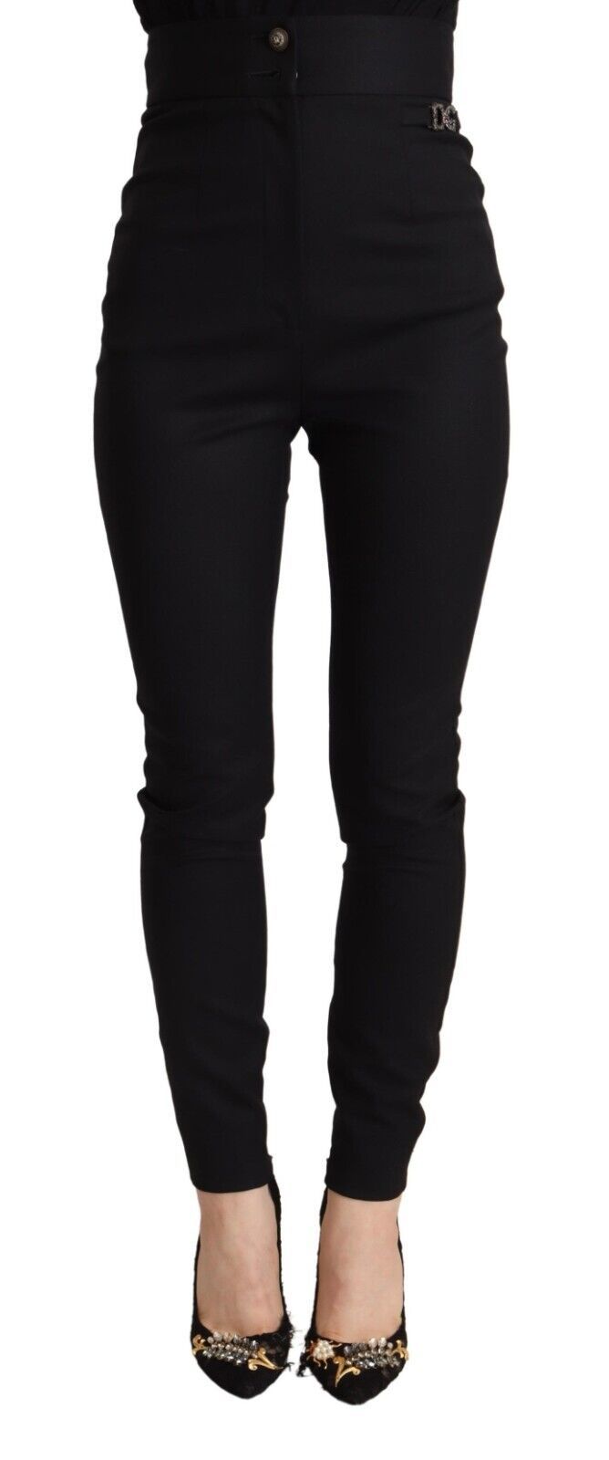 Black Wool High Waist Amore Logo Slim Fit Pants