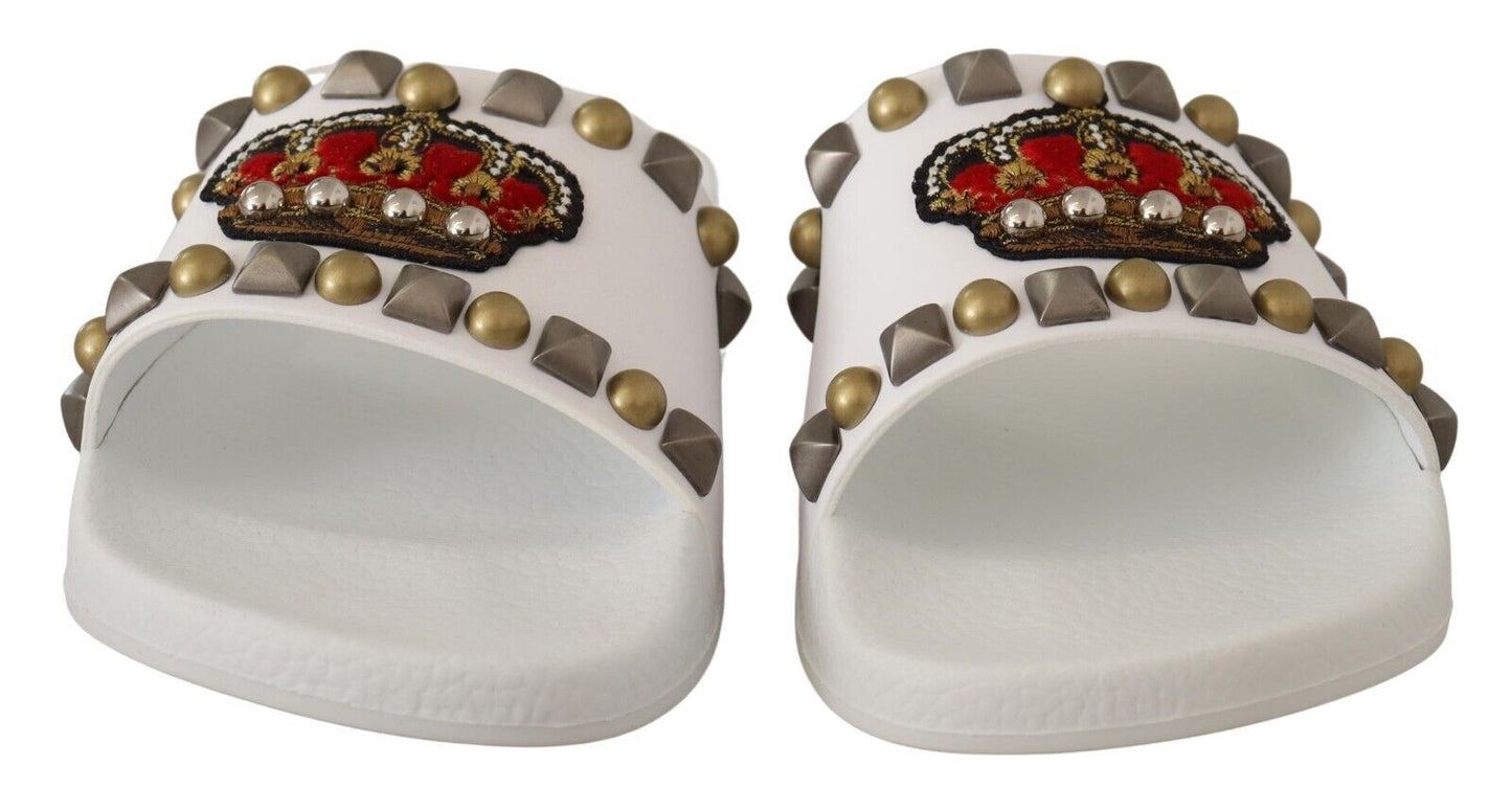 White Leather Crown Studs Slides Sandals Shoes