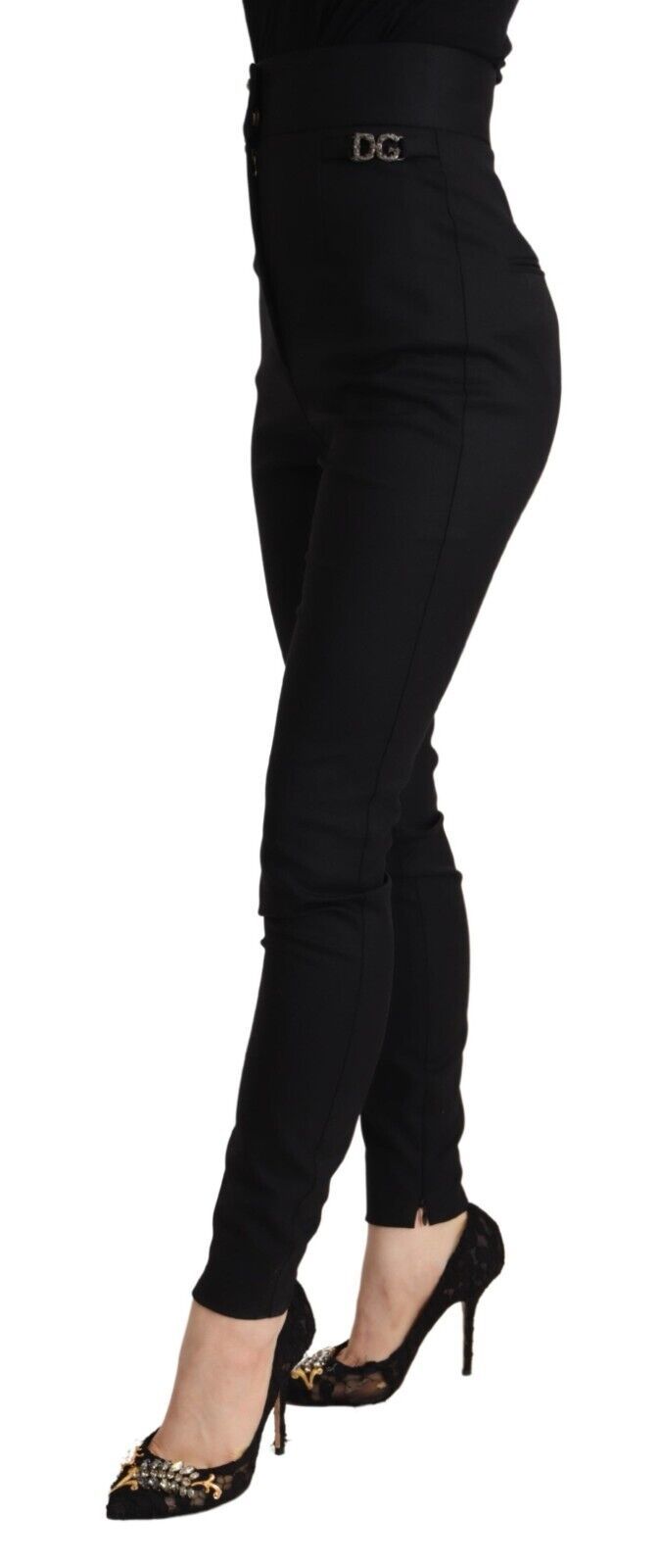 Black Wool High Waist Amore Logo Slim Fit Pants