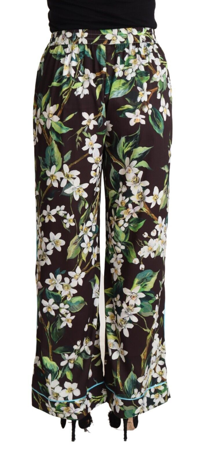 Black Lily Print Mid Waist Wide Leg Pants