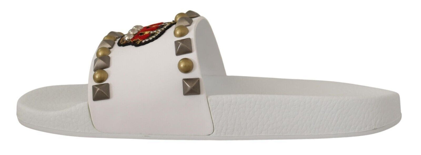 White Leather Crown Studs Slides Sandals Shoes