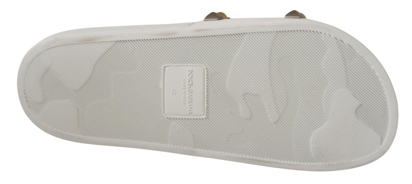 White Leather Crown Studs Slides Sandals Shoes