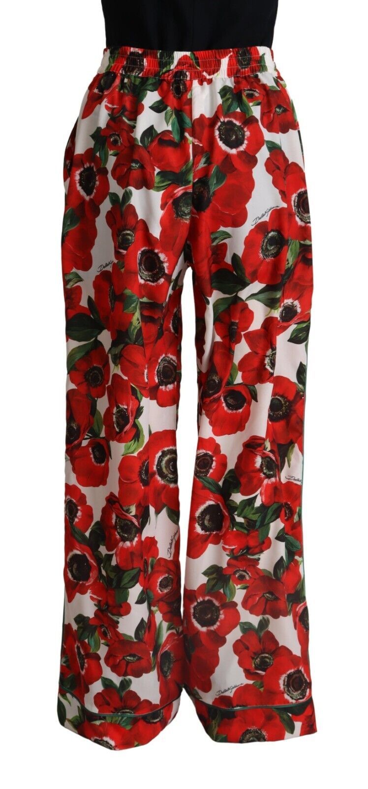 White Red Anemone Mid Waist Wide Leg Pants