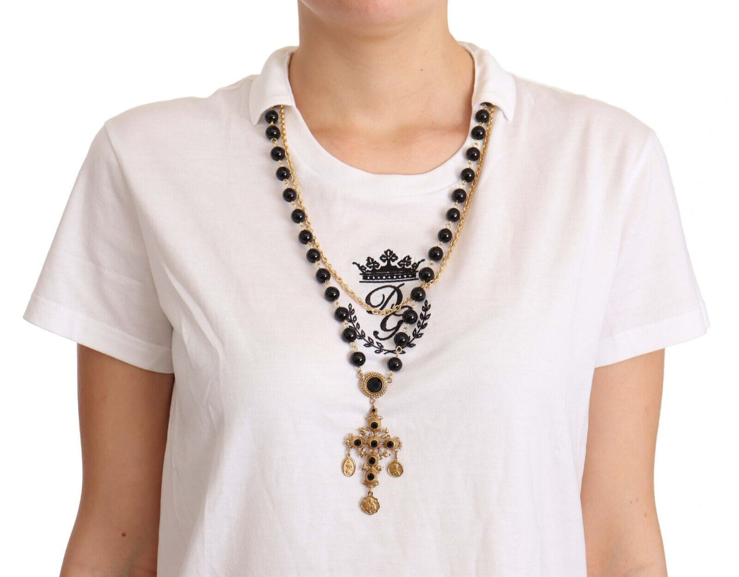 White Cotton Gold Cross Necklace T-shirt