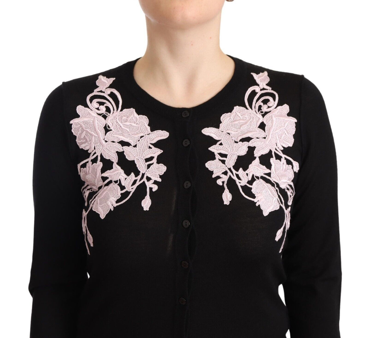 Black Cardigan Crewneck Pink Roses Sweater