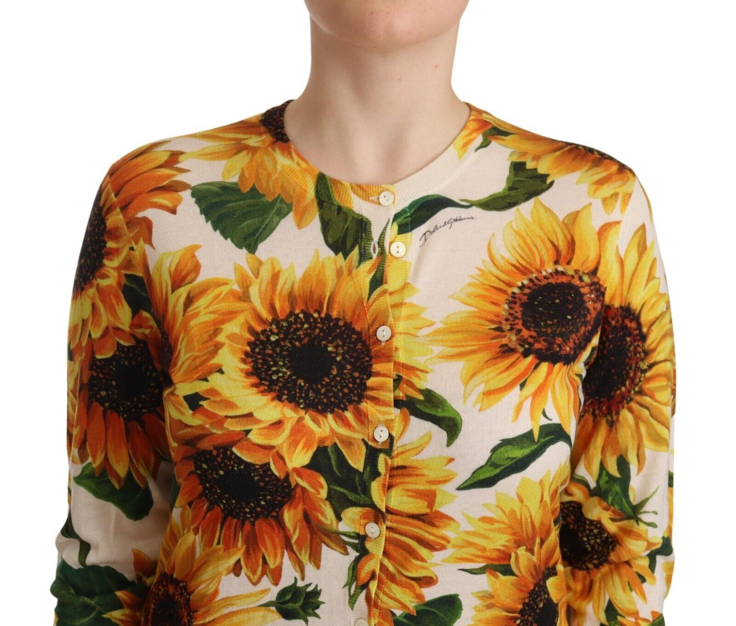 White Daisy Sunflower Silk Cashmere Cardigan Sweater