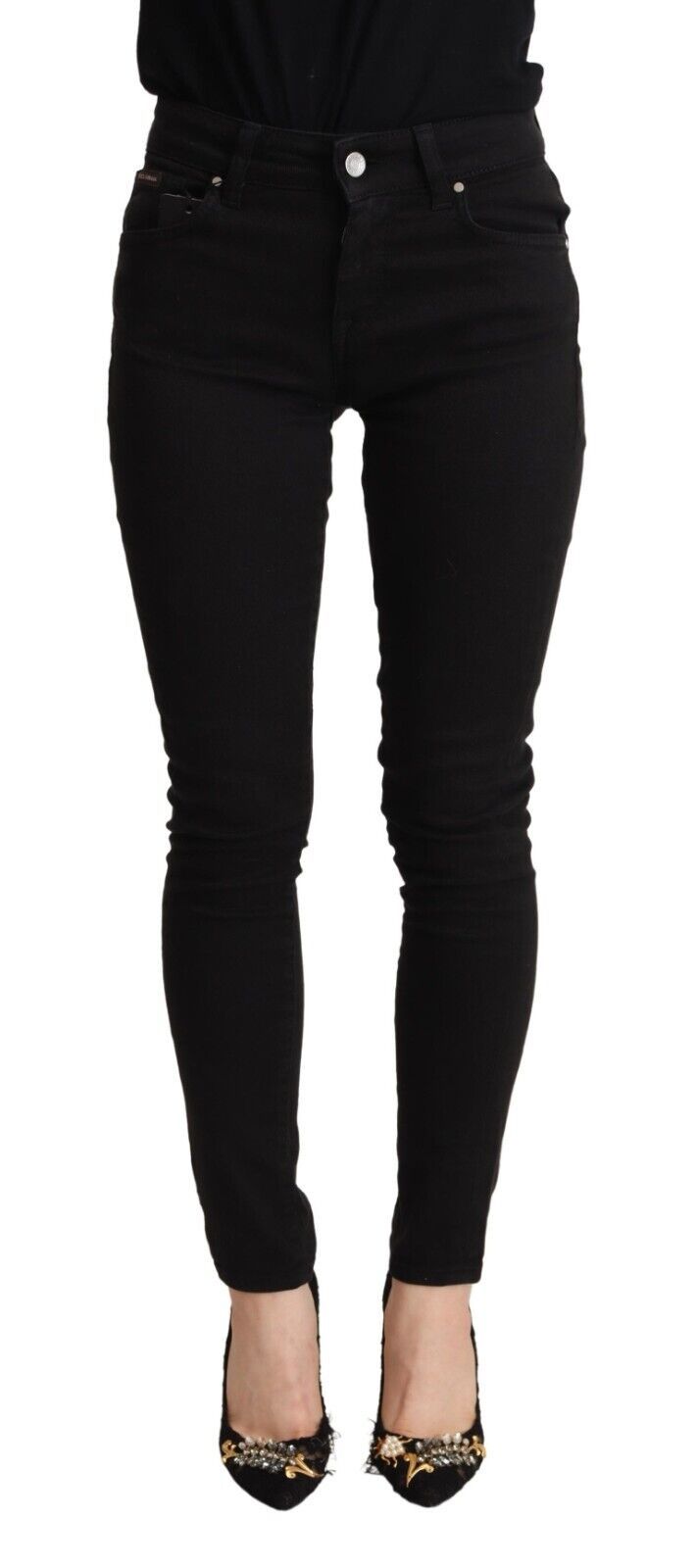 Black Cotton Mid Waist Denim Slim Fit Jeans
