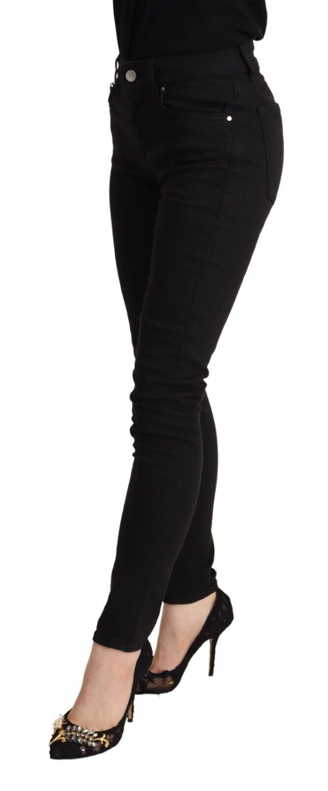 Black Cotton Mid Waist Denim Slim Fit Jeans