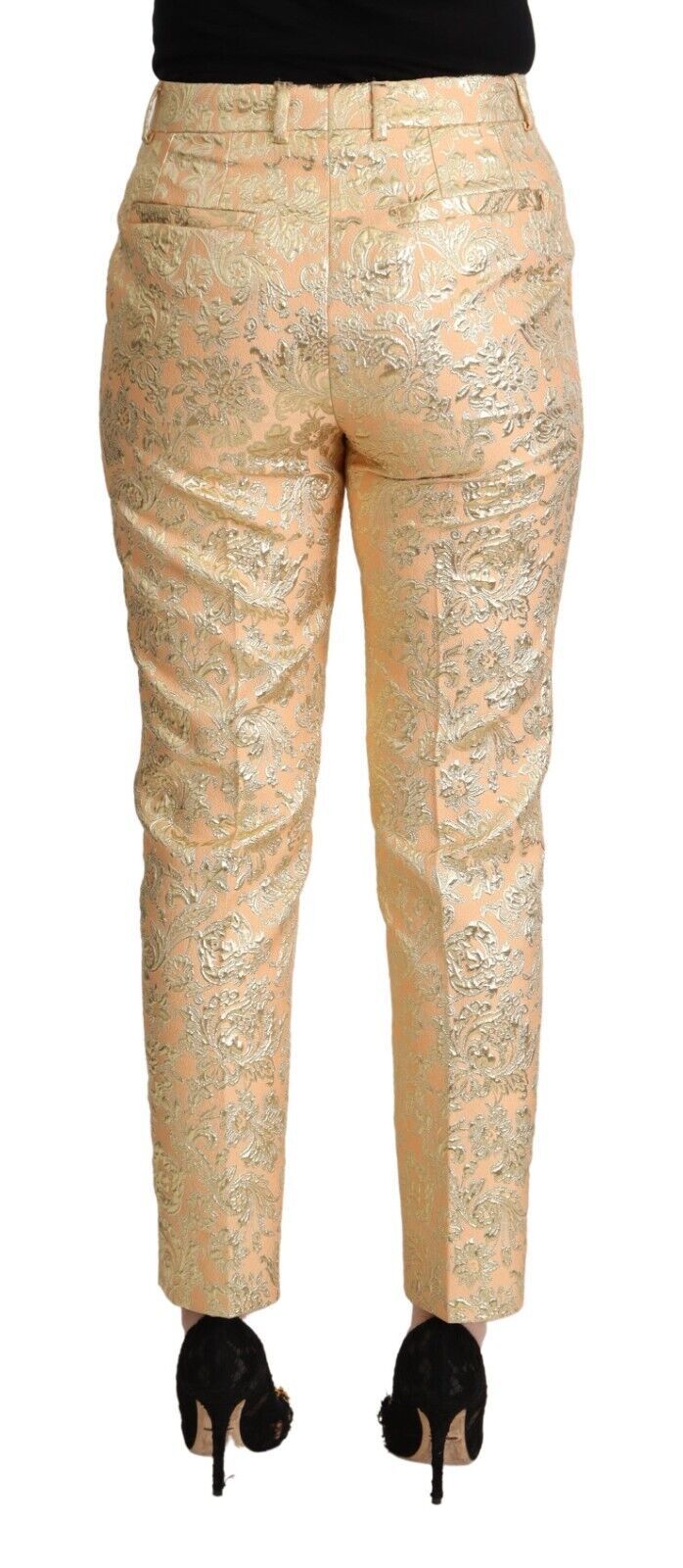 Pink Floral Brocade High Waist Trouser Tapered Pants
