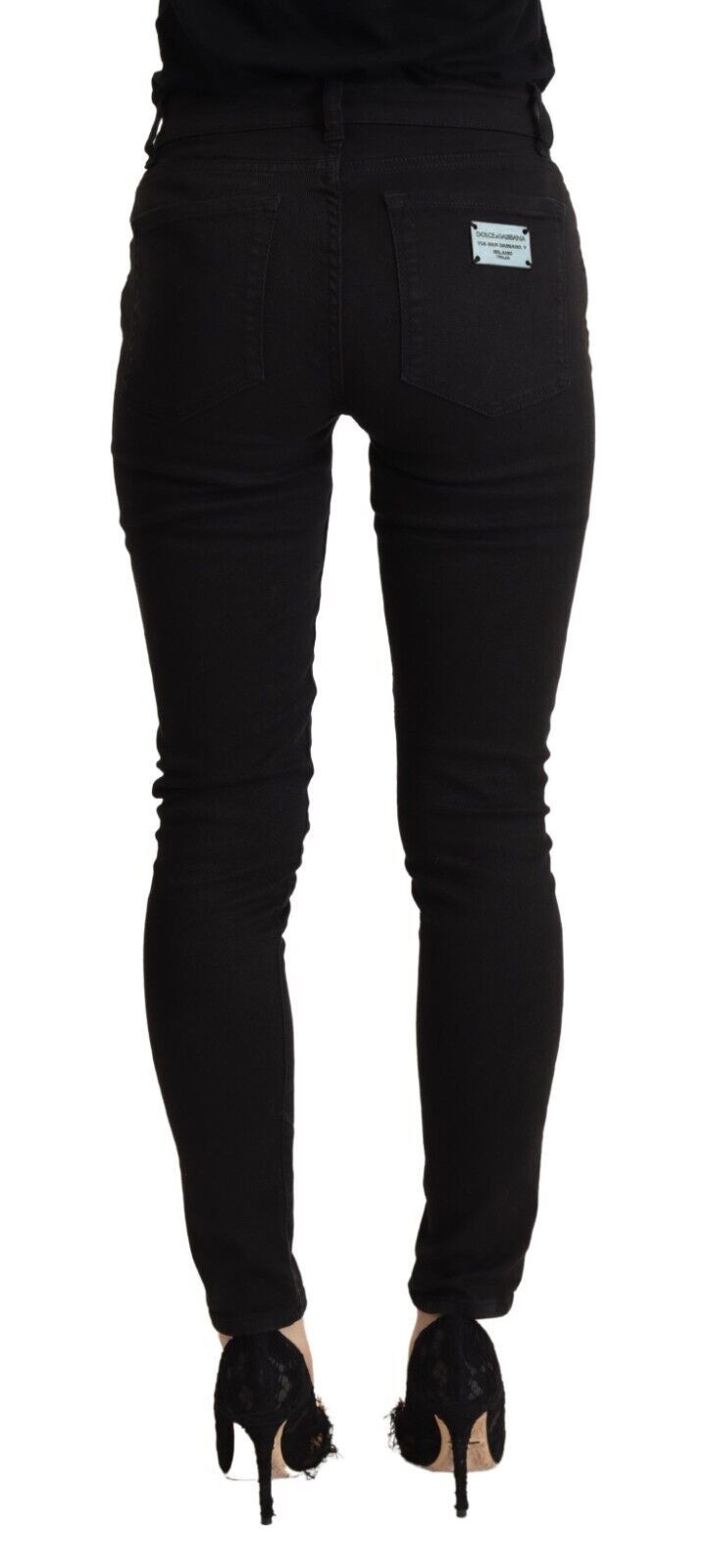 Black Cotton Mid Waist Denim Slim Fit Jeans