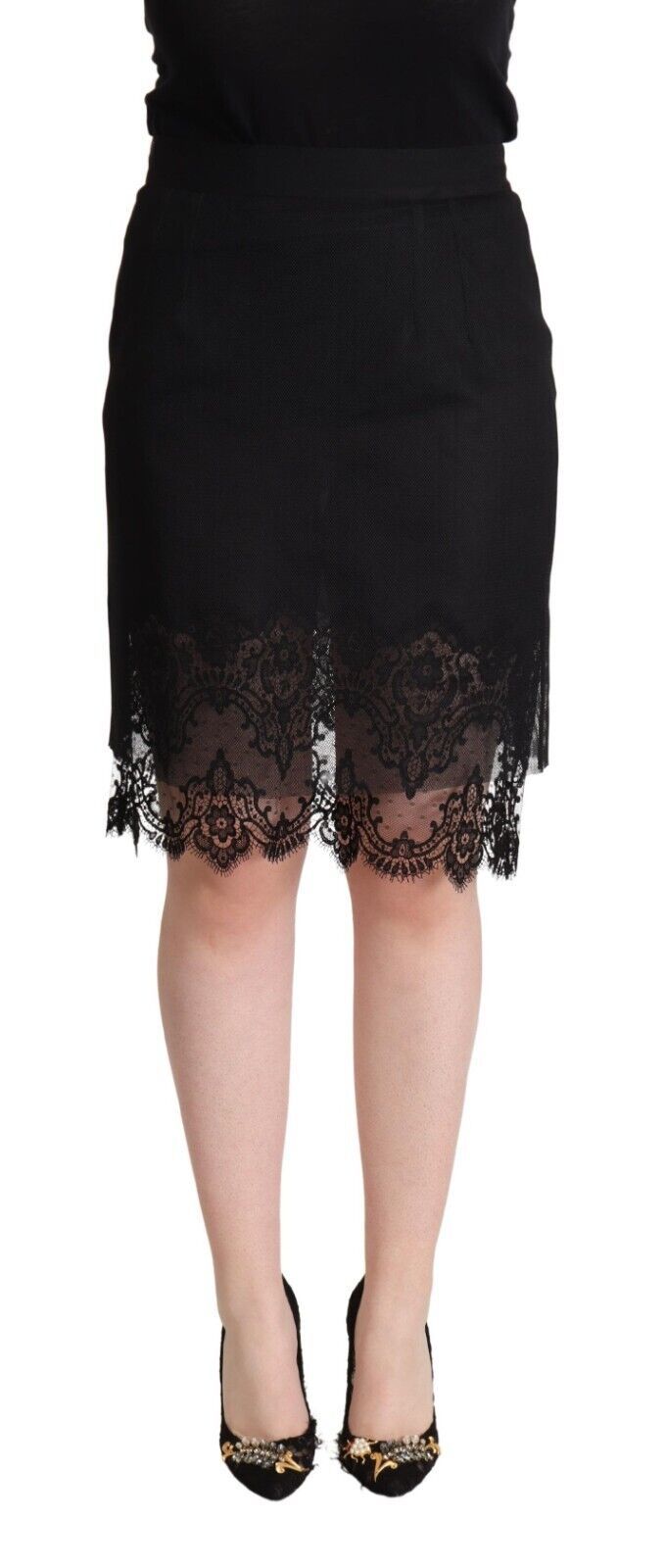 Black Floral Lace High Waist Pencil Cut Skirt
