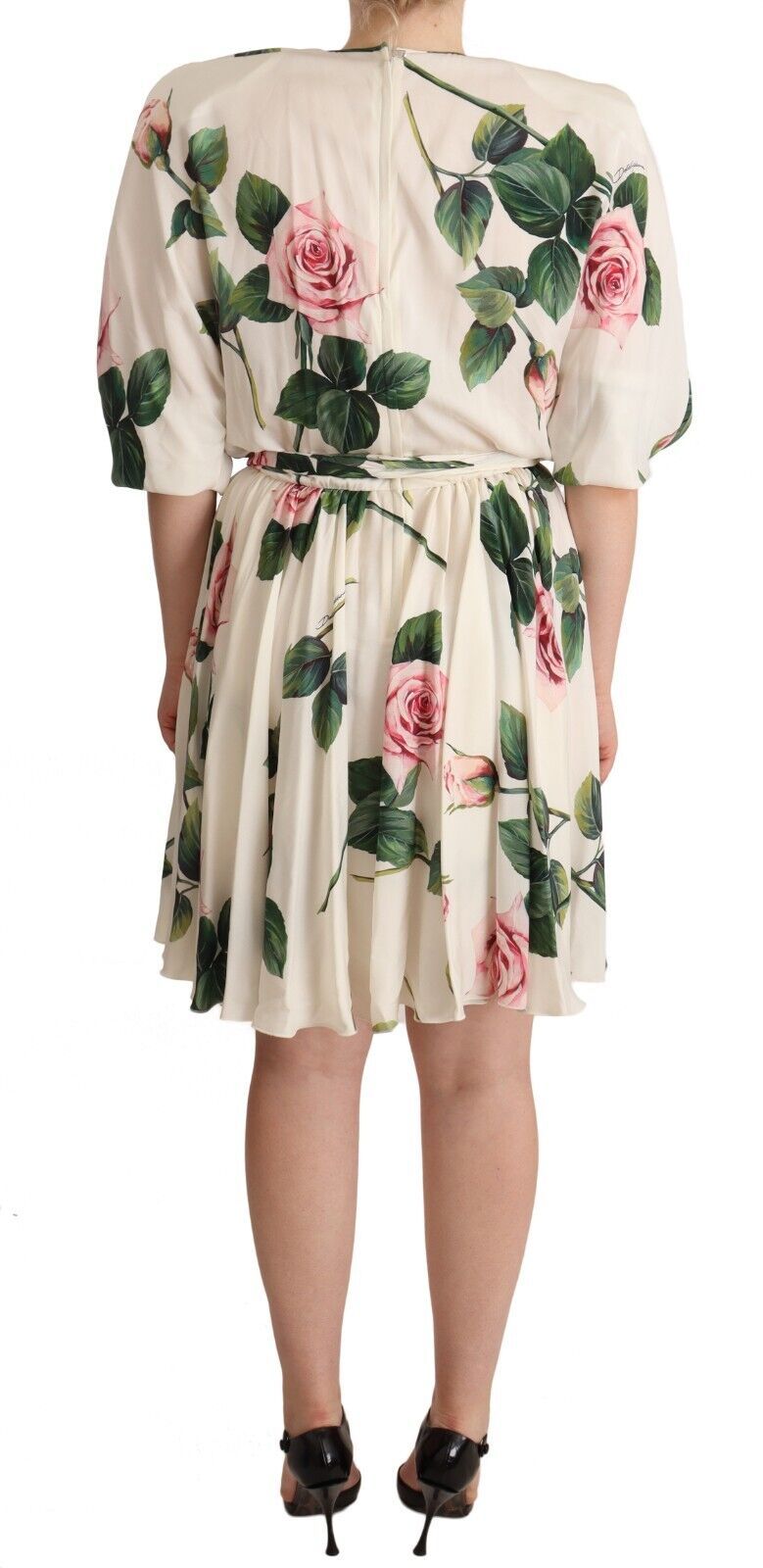 White Rose Print Stretch Silk Pleated Dress