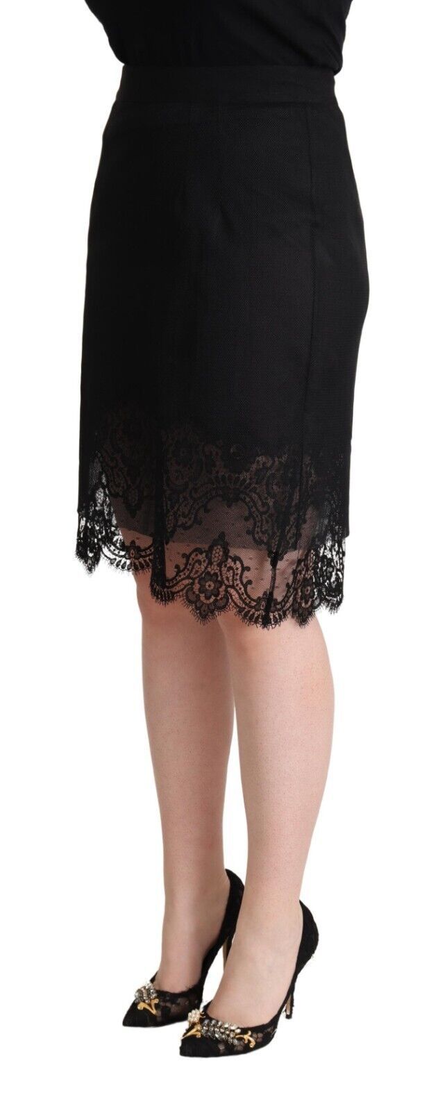 Black Floral Lace High Waist Pencil Cut Skirt