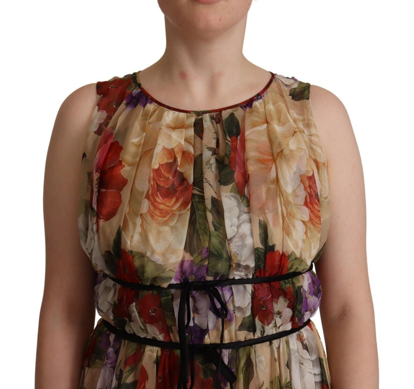 Beige Floral Sleeveless Round Neck Mini Dress
