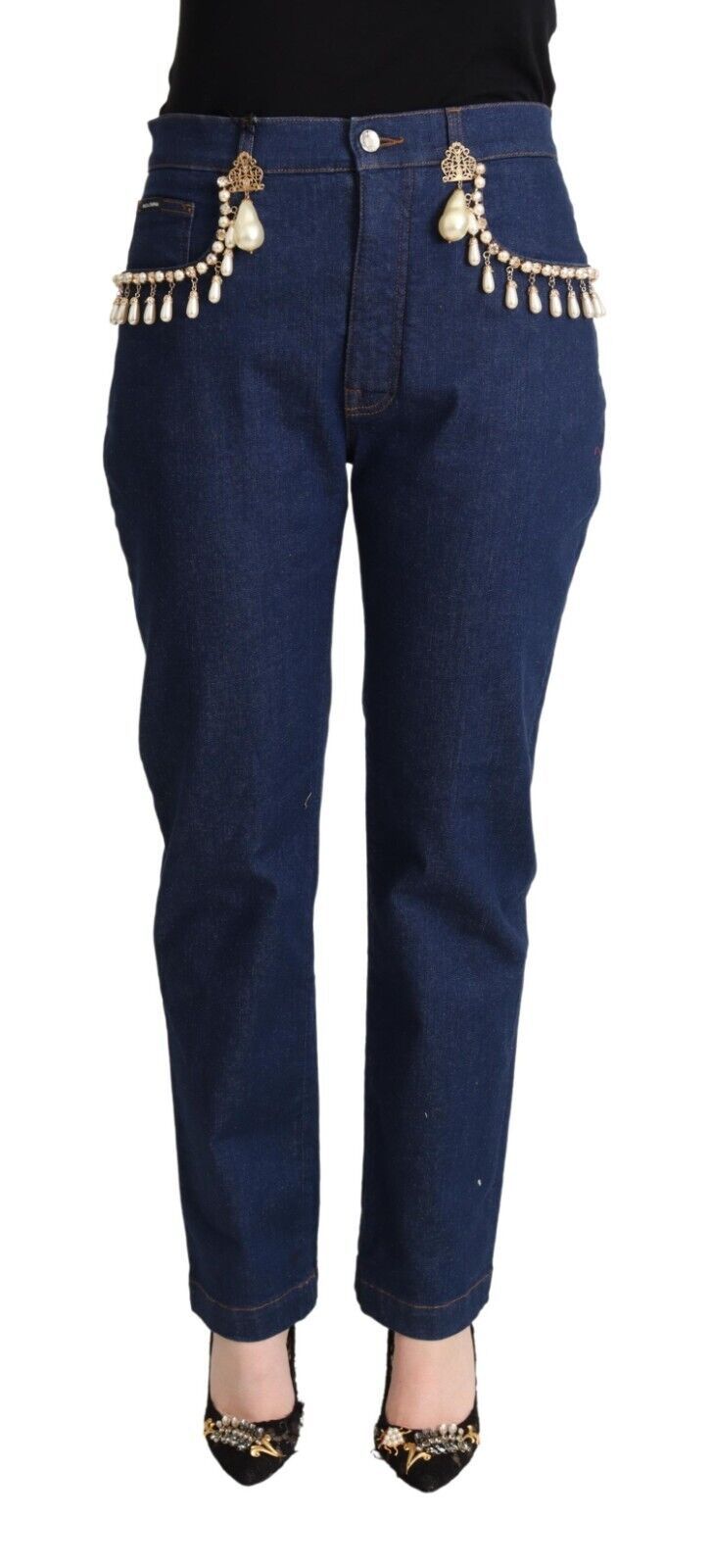 Dark Blue Embellished Denim Tapered Jeans