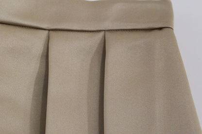 Brown Silk Solid Mini Pleated Skirt